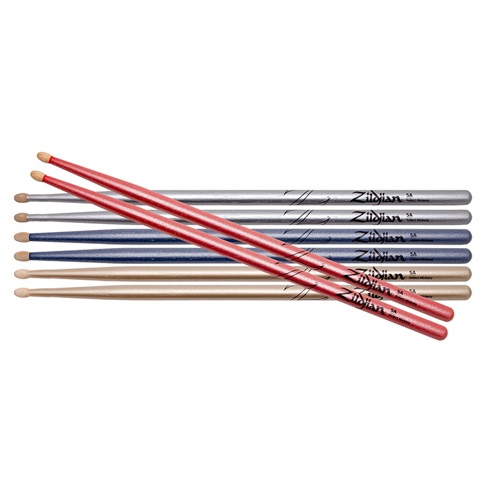 Zildjian 5A Chroma Series Metallic Hickory Oval Tip Drumsticks for Drums and Cymbals (Blue, Pink, Silver, Gold) (Variety Pack Available) | Z5ACBU, Z5ACG, Z5ACP, Z5ACS, SDSP244