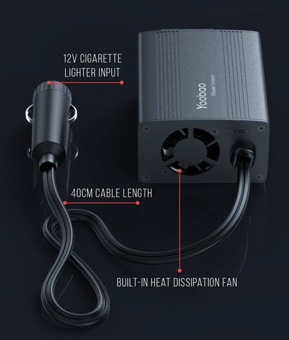 Yoobao 150W Smart Car Power Inverter 12V DC 220V AC with Dual USB Ports, Heat Dissipation Fan, and Indicator Light