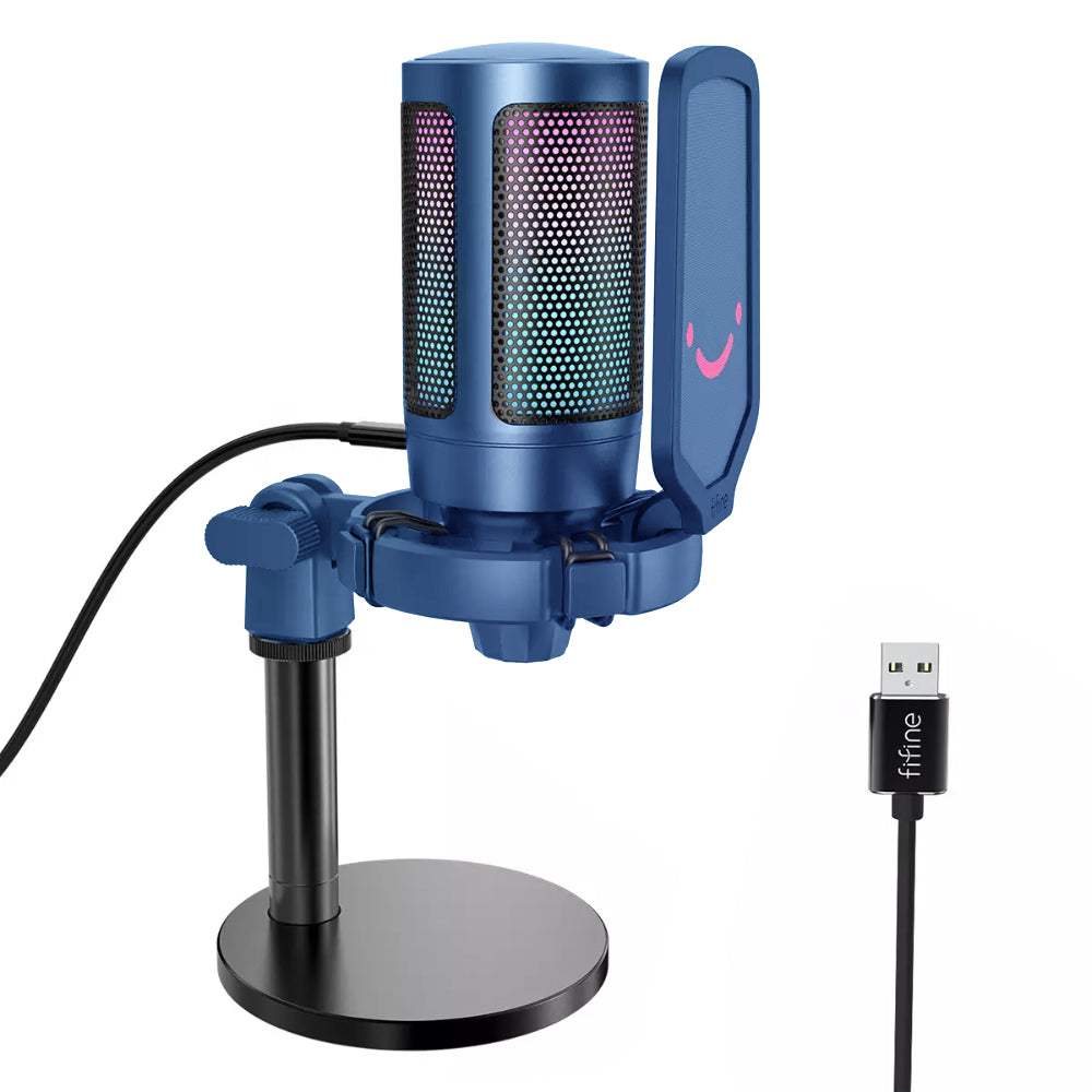 Fifine A6 AmpliGame RGB Cardioid Microphone with Built-in Volume Controller & Quick Mute Button for Voice Recording, Streaming, and Broadcast (Black, Blue, Pink, Red, White)