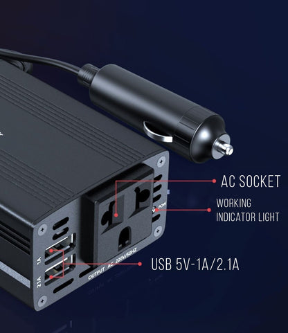 Yoobao 150W Smart Car Power Inverter 12V DC 220V AC with Dual USB Ports, Heat Dissipation Fan, and Indicator Light