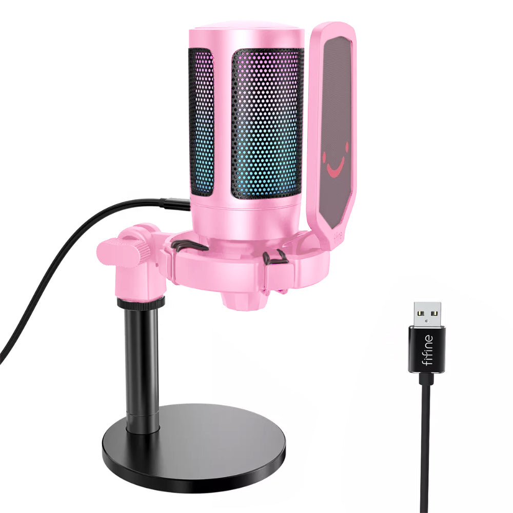 Fifine A6 AmpliGame RGB Cardioid Microphone with Built-in Volume Controller & Quick Mute Button for Voice Recording, Streaming, and Broadcast (Black, Blue, Pink, Red, White)
