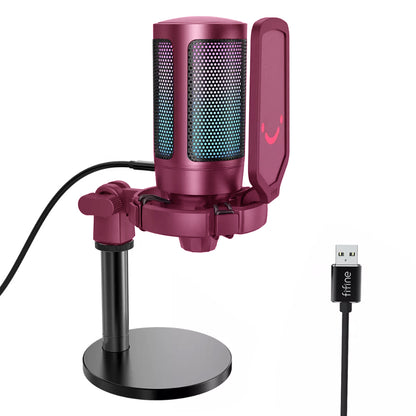 Fifine A6 AmpliGame RGB Cardioid Microphone with Built-in Volume Controller & Quick Mute Button for Voice Recording, Streaming, and Broadcast (Black, Blue, Pink, Red, White)