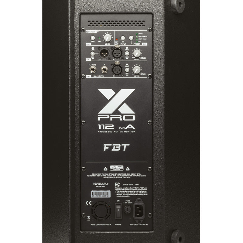 FBT X-Pro 112MA 12" 2-Way 1200/300W Active Stage Monitor Speaker with Built-In 3-Channel Mixer, Anti-Scratch, Bluetooth, and DSP