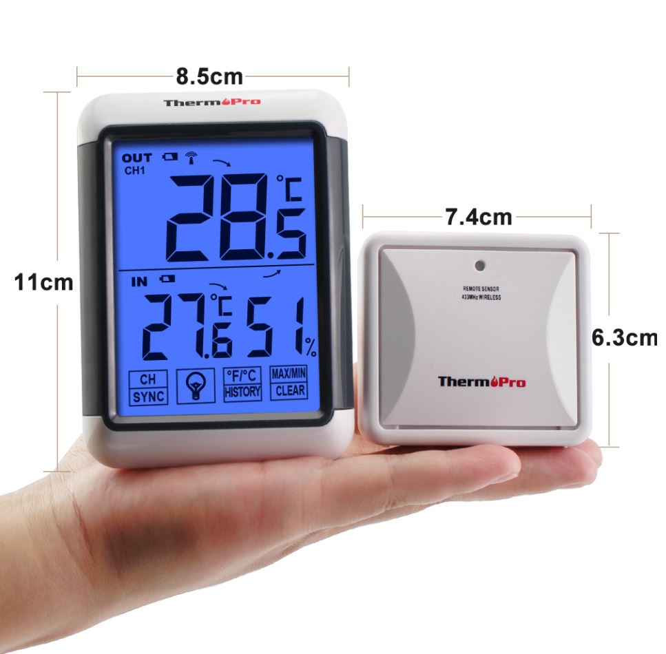 TempPro B65S Indoor Outdoor Thermometer Wireless Digital Hygrometer  Temperature Sensor Humidity Gauge Monitor with Large Backlight Touchscreen  for