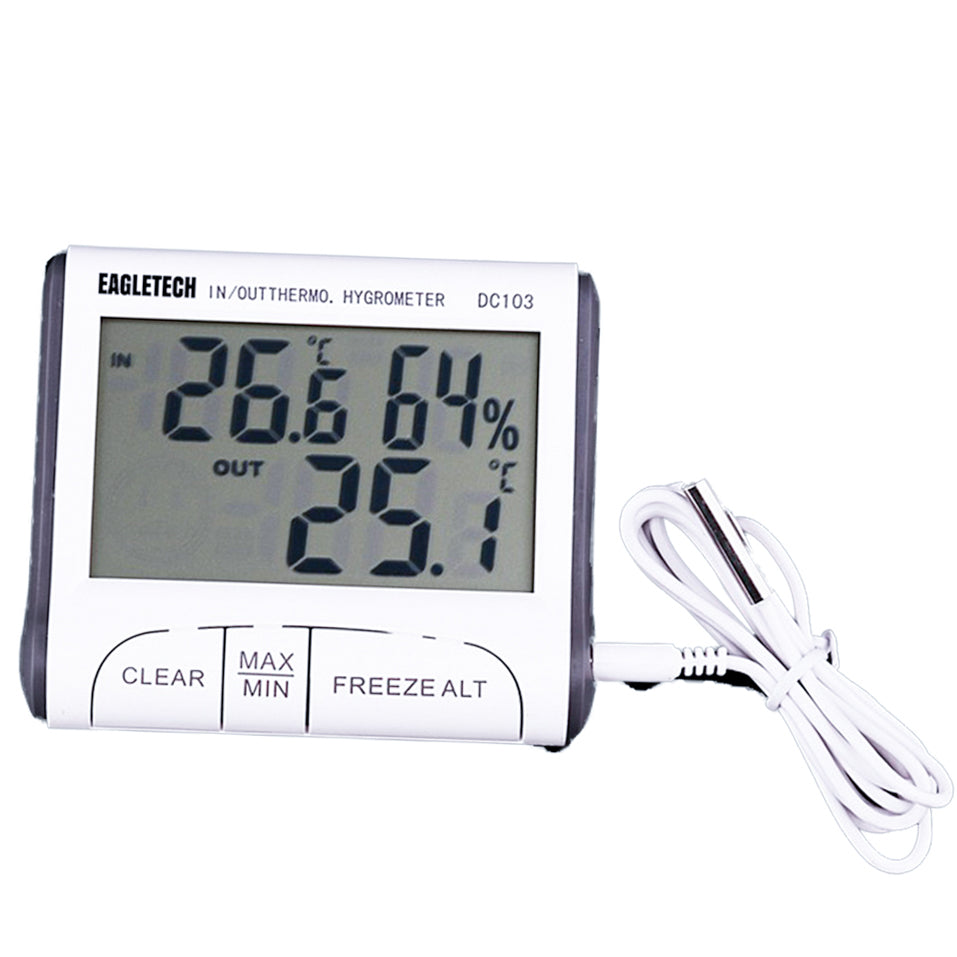 Eagletech DC103 Digital LCD Temperature Humidity Meter Clock Hygrometer Thermometer Indoor and Outdoor