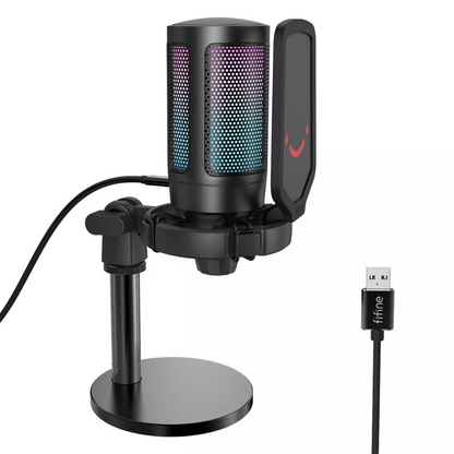 Fifine A6 AmpliGame RGB Cardioid Microphone with Built-in Volume Controller & Quick Mute Button for Voice Recording, Streaming, and Broadcast (Black, Blue, Pink, Red, White)