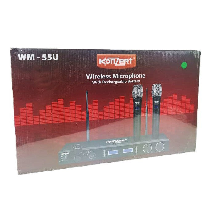 Konzert WM-55U UHF Dual Wireless Handheld Microphone System with 40M Range Rechargeable Li-Ion Battery and Fixed Frequency