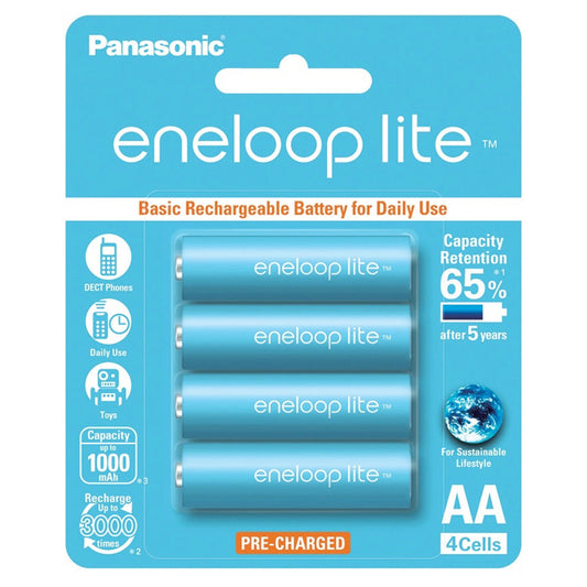 Panasonic Eneloop Lite BK-3LCCE-4BT AA Rechargeable Battery Pack of 4 (Light Blue)