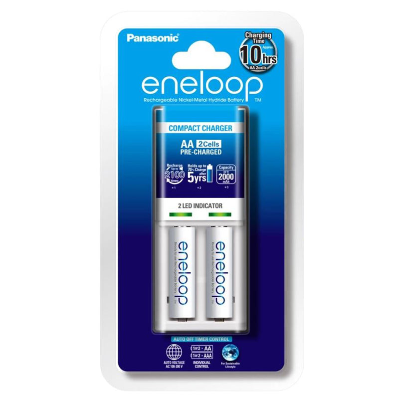 Panasonic Battery Charger with Eneloop Rechargeable AA Pack of 2 (White) | K-KJ50MCC2TP
