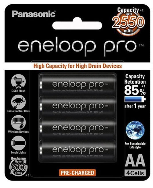 Panasonic Eneloop Pro BK 3HCCE 4BT AA Rechargeable Battery Pack of 4 (Black)