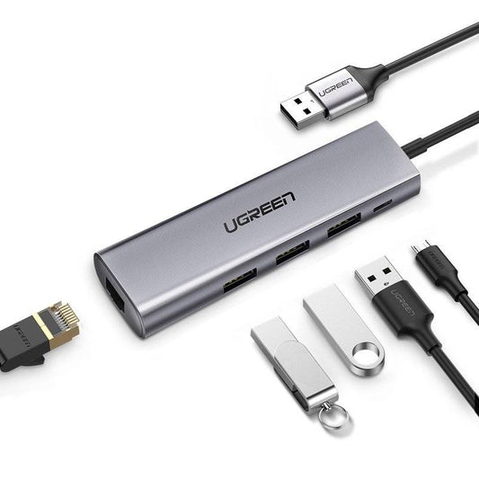 UGREEN 5-in-1 USB 3.0 Hub with 1000 Mbps Gigabit Ethernet RJ45 LAN Port and 5V USB-C Power Delivery PD | 60812