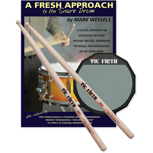 Vic Firth FASP Fresh Approach Starter Pack to Snare Drum Educational Learning Kit for Drumming Students and Beginners (Includes SB1 General Snare Drumsticks, 6" Practice Pad, Rudiments Poster, Instructional Book and CDs)