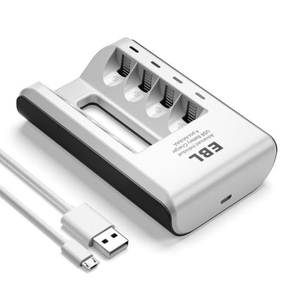 EBL 807 4-Bay AA and AAA Battery Charger with Built-In LED Charge Status Indicator Lights and 4pcs 1.2V AAA 1100mA Rechargeable NiMH Batteries for Portable and Emergency Electronics