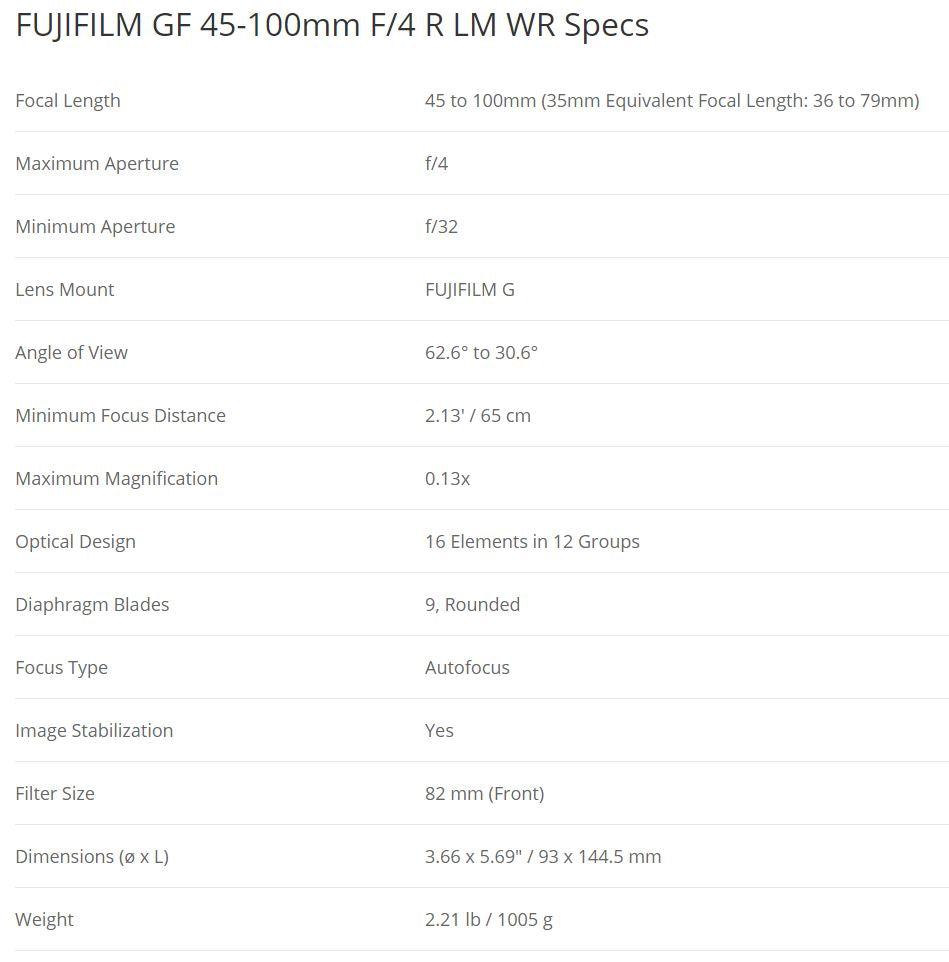 Fujifilm Fujinon GF 45-100mm f/4 R LM WR Medium Format G Mount Digital Medium Format Lens