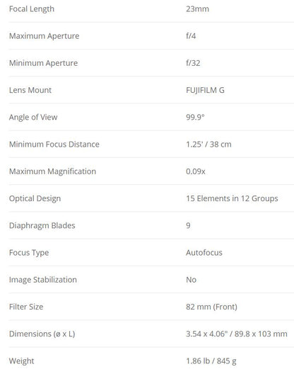 Fujifilm Fujinon GF 23mm f/4 R LM WR Medium Format Lens