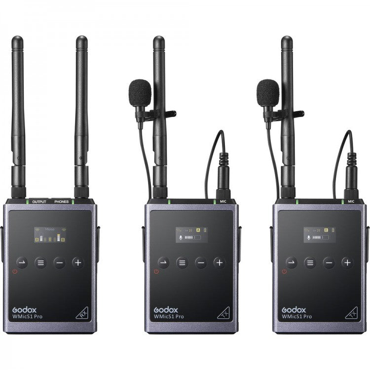 Godox WMicS1 / PRO WMicS2 Kit 2 Clip-On UHF Wireless Lavalier Microphone (TX TX RX) Transmitter & Receiver System with 100m Range, 3.5mm Audio I/O, OLED Display, and Adjustable Antenna for Audio Mixers, Mirrorless and DSLR Cameras