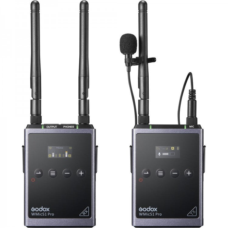 Godox WMicS1 / PRO WMicS2 Kit 1 Clip-On UHF Wireless Lavalier Microphone (TX RX) Transmitter & Receiver System with 100m Range, 3.5mm Audio I/O, OLED Display, and Adjustable Antenna for Audio Mixers, Mirrorless and DSLR Cameras