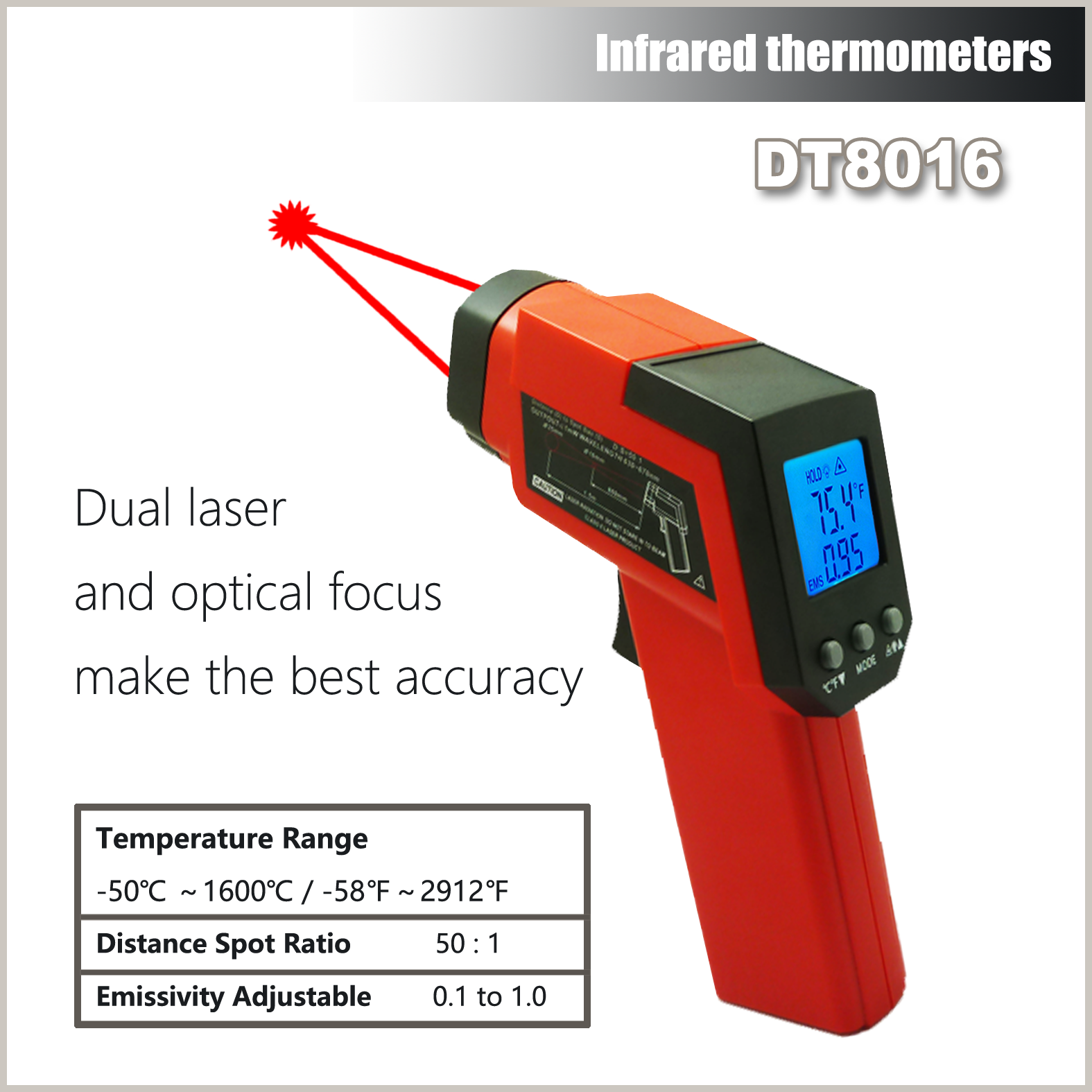 Cheerman DT8016 -50 to 1600C Infrared Thermometer Non Contact with Battery