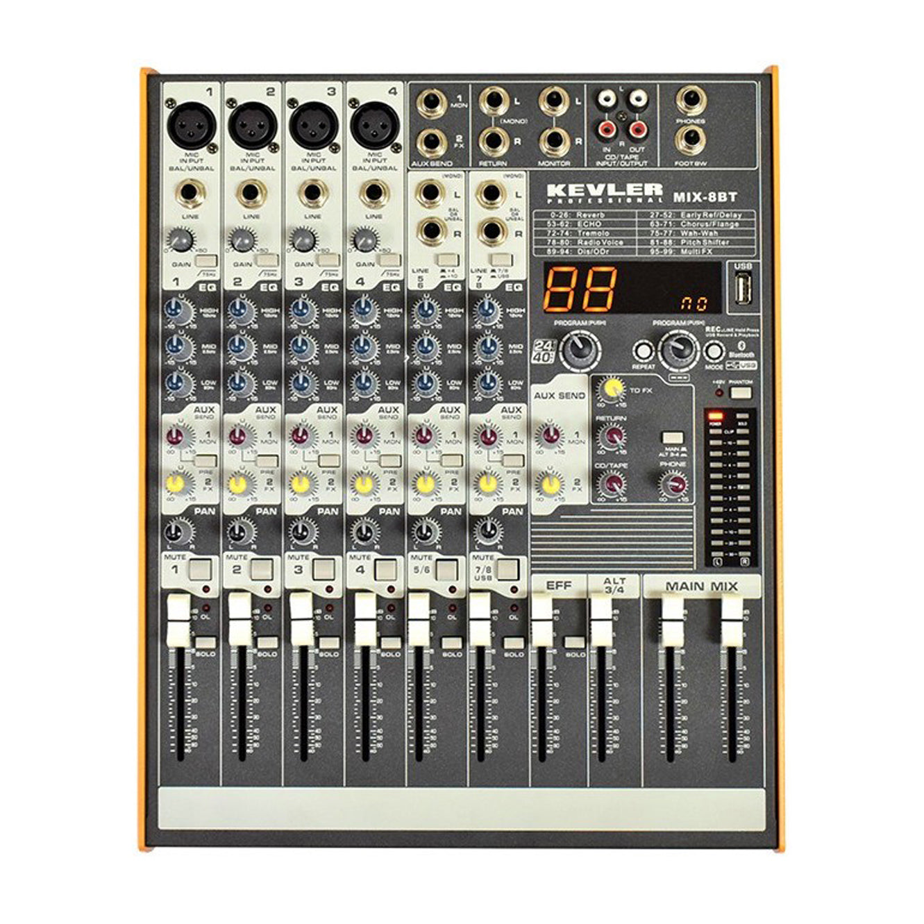 KEVLER MIX-8BT 8-Channel Compact Bluetooth Mixer with 4 Microphone/Line, 2 Stereo Input and 2 AUX Output, 3 Band EQ with USB / MP3 Function and 99 DSP Effects | Mix Series