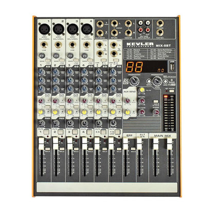 [CLEARANCE] KEVLER MIX-8BT 8-Channel Compact Bluetooth Mixer with 4 Microphone/Line, 2 Stereo Input and 2 AUX Output, 3 Band EQ with USB / MP3 Function and 99 DSP Effects | Mix Series