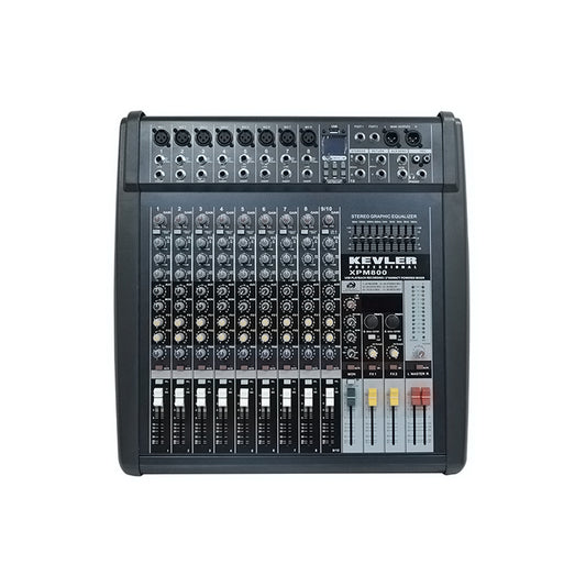 KEVLER XPM-800 10-Channel 550W X2 Powered Mixer with 8 Mic / Line 1 Stereo Input, AUX Output, 9 Band Graphic EQ with USB Playback / Record Function and Dual 24-Bit DSP Effect