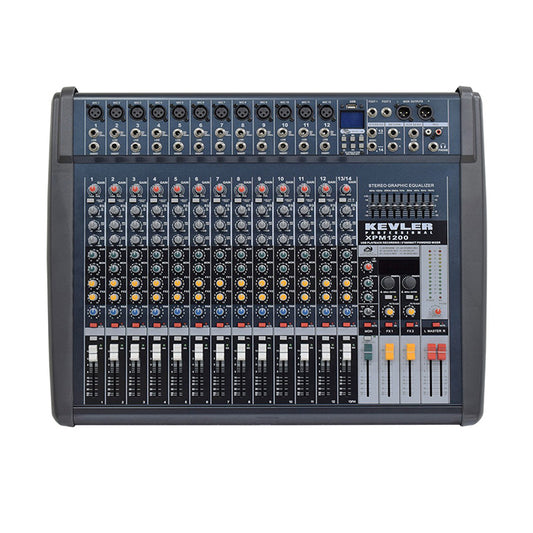 KEVLER XPM-1200 14-Channel 550W X2 Powered Mixer with 12 Mic / Line 1 Stereo Input, AUX Output, 9 Band Graphic EQ with USB Playback / Record Function and Dual 24-Bit DSP Effect