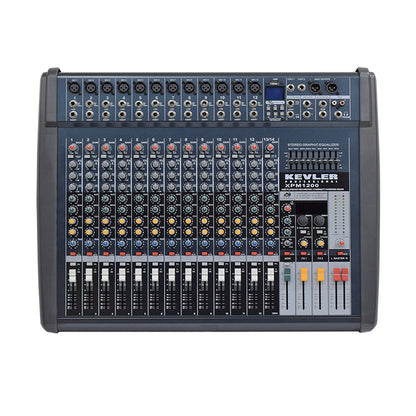 [CLEARANCE] KEVLER XPM-1200 14-Channel 550W X2 Powered Mixer with 12 Mic / Line 1 Stereo Input, AUX Output, 9 Band Graphic EQ with USB Playback / Record Function and Dual 24-Bit DSP Effect