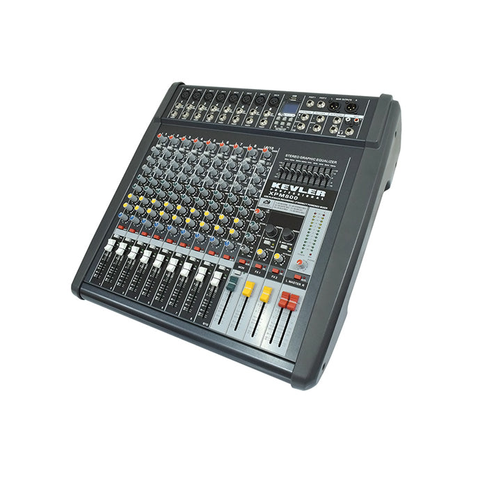 KEVLER XPM-800 10-Channel 550W X2 Powered Mixer with 8 Mic / Line 1 Stereo Input, AUX Output, 9 Band Graphic EQ with USB Playback / Record Function and Dual 24-Bit DSP Effect