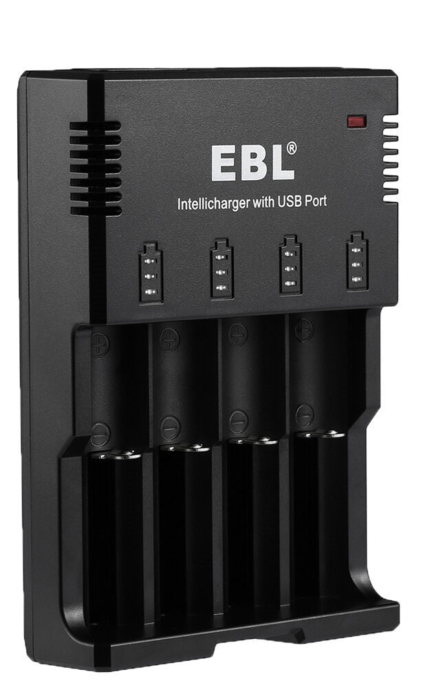 EBL LN-6996 4-Bay Universal Battery Charger with iQuick 500mA Fast Charging, USB Port, and LED Status Indicator Lights for Rechargeable Li-Ion Ni-MH, and Ni-CD Batteries