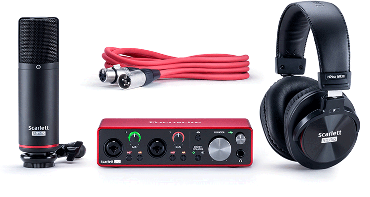Focusrite Scarlett 2i2 Studio 4th Gen / 3rd Gen USB Audio Interface with Microphone & Monitor Headphone for Simultaneous Vocals & Guitar Recording