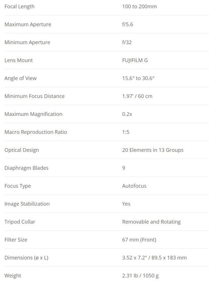 Fujifilm Fujinon GF 100-200mm f/5.6 R LM OIS WR Medium Format Lens
