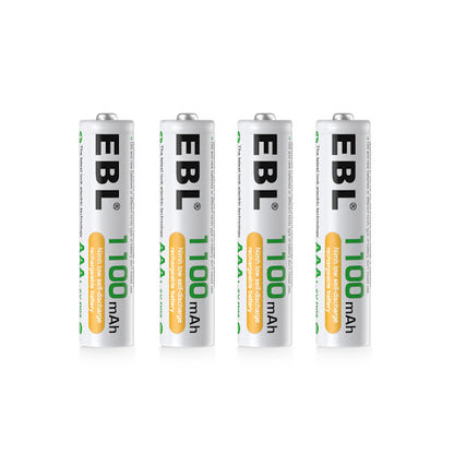 EBL 807 4-Bay AA and AAA Battery Charger with Built-In LED Charge Status Indicator Lights and 4pcs 1.2V AAA 1100mA Rechargeable NiMH Batteries for Portable and Emergency Electronics