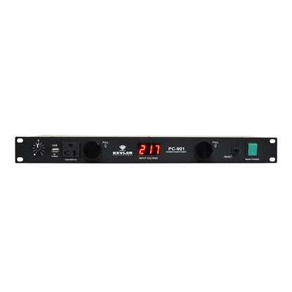KEVLER PC901 9-Outlet Socket Power Conditioner Processor with USB Port, Line Voltage and Voltmeter LCD Display, Circuit Breaker, 2 Rectractable Dimmer Controls and Spike / Surge Protection