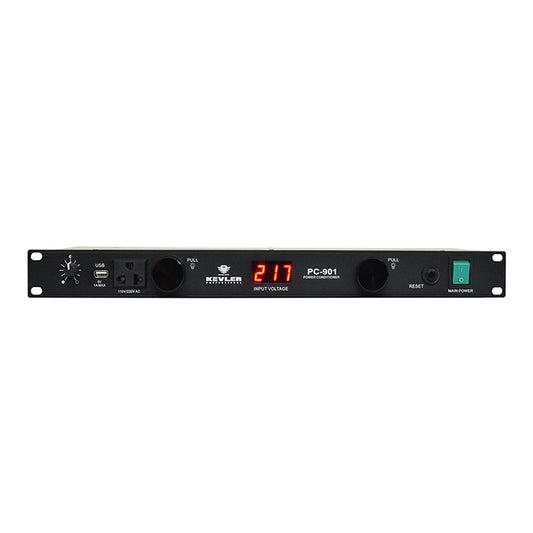 KEVLER PC901 9-Outlet Socket Power Conditioner Processor with USB Port, Line Voltage and Voltmeter LCD Display, Circuit Breaker, 2 Rectractable Dimmer Controls and Spike / Surge Protection