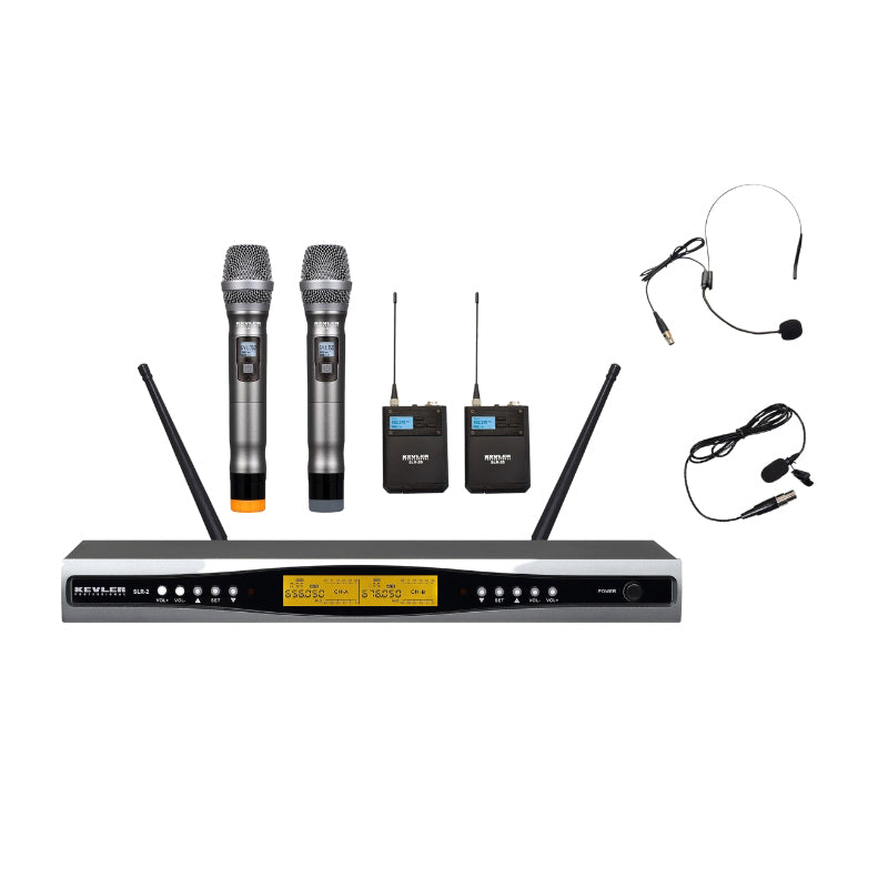 KEVLER SLR-2 Dual Handheld / SLR-2B Lavalier Beltpack UHF Wireless Microphone System and 2 Antenna Receiving System, LCD Display, 1U Space Rack Mountable and Balance XLR & Unbalance Audio Input